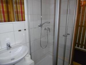 a bathroom with a shower and a sink at Twistesee 36 in Bad Arolsen