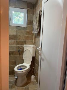 a bathroom with a toilet with a window at Къща за гости Ива 
