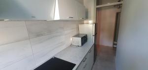 a kitchen with a refrigerator and a tv on a counter at Apartament Starówka in Konin +21 photos