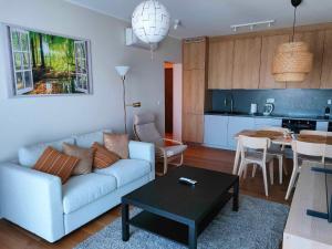 a living room with a couch and a table at Apartament Miodowy - Penthouse z balkonem in Kudowa-Zdrój +16 photos