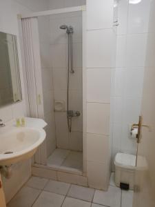 a bathroom with a shower and a sink and a toilet at Delmon Suites in Amman