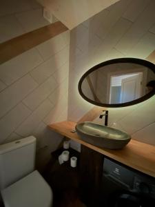 La salle de bains est pourvue d'un lavabo et d'un miroir sur un comptoir. dans l'établissement Holiday House "Sea Nest", à Kalni