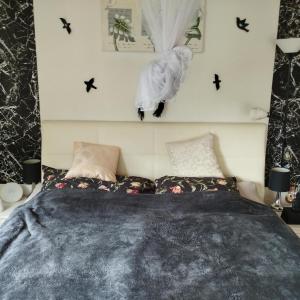 Dormitorio con cama con almohadas negras y murciélagos en la pared en Day Nightand Art en Viena