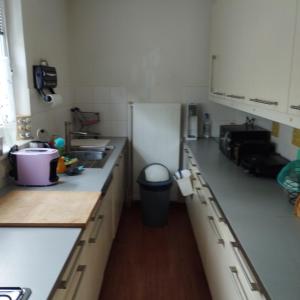 eine Küche mit einer Spüle und einem Kühlschrank in der Unterkunft Day Nightand Art in Wien