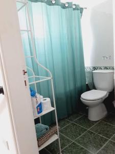 a bathroom with a toilet and a green shower curtain at Efterpis12 St. House in Paralimni