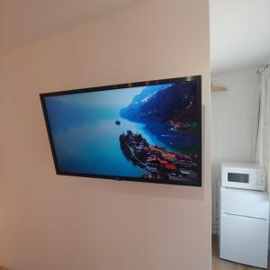 a flat screen tv hanging on a wall at Self Contained, Garden Studio walking distance to Harry Potter Studio in Leavesden Green