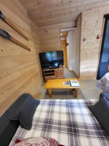 uma sala de estar com uma televisão, um sofá e uma mesa em Studio pour petite famille em Le Grand-Bornand