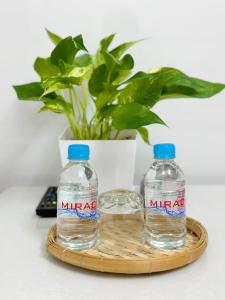 zwei Flaschen Wasser auf einem Bambus-Tablett mit Pflanze in der Unterkunft Hotel Thuý Nguyễn 