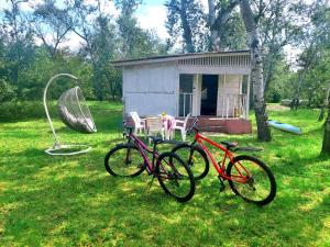 three bikes parked in the grass in front of a shed at Orelskyi Dvor in Mohyliv