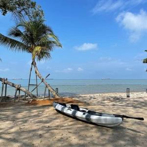 a kayak sitting on a beach with a palm tree at Solesor Kampong Beach Resort in Port Dickson