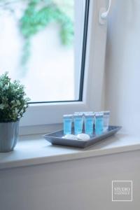 un plateau avec quatre tasses bleues sur un rebord de fenêtre dans l'établissement N-apartament Wadowice, à Wadowice
