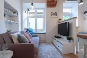 ein Wohnzimmer mit einem Sofa und einem Flachbild-TV in der Unterkunft N-apartament Wadowice in Wadowice