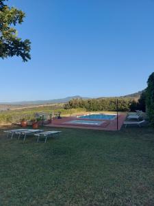 einen Park mit mehreren Picknicktischen und einem Pool in der Unterkunft Agriturismo Il Giovannello in Roccastrada