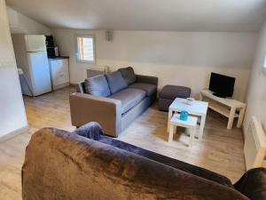 a living room with a couch and a table at Chalet au cœur des Landes in Ychoux