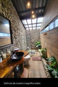a stone bathroom with a sink and a toilet at Pika Cabins 1 in San Carlos