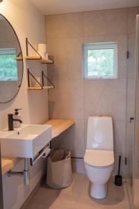 a bathroom with a toilet and a sink and a mirror at Malevik Tiny House in Kullavik