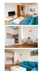 two pictures of a living room with a blue couch at Apartman “Ada” in Sarajevo