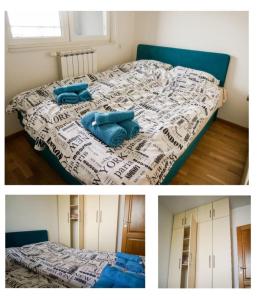 two pictures of a bed with blue pillows on it at Apartman “Ada” in Sarajevo