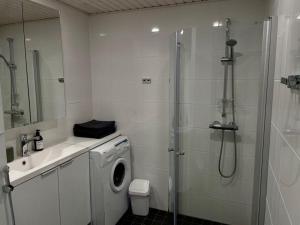 a bathroom with a shower and a washing machine at Nordica central apartment in Rovaniemi