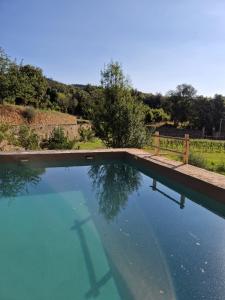 a pool of blue water with a fence and trees at Ca n'Heras in Canet de Adri