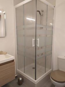 een glazen douche in een badkamer met een toilet bij Très bel F2 avec pleine vue mer. in Langrune-sur-Mer