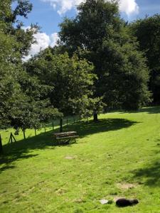 a park with a picnic table in the grass at Tillac Chambres d'hôtes in Pléchâtel