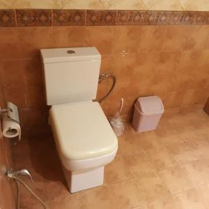 a bathroom with a white toilet and a trash can at Appartement bord de mer à Nabeul in Nabeul