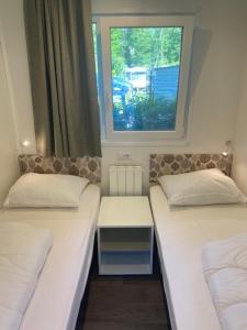 two beds in a room with a window at Camping het Bosbad in Emmeloord