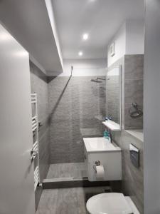 a bathroom with a shower and a toilet and a sink at Seaview studio private parking included - Beach Residence in Mamaia Nord