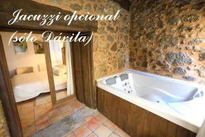 a bath tub in a room with a bedroom at Apartamentos Rurales SPA Casa De Los Escudos in Valverde de la Vera