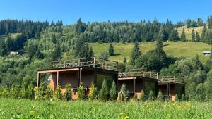 un edificio en un campo con una colina al fondo en La AMI Kaban, en Câmpulung Moldovenesc