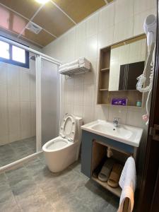 La salle de bains est pourvue de toilettes, d'un lavabo et d'une douche. dans l'établissement 亞士密民宿, à Puli