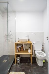 La salle de bains est pourvue de toilettes, d'un lavabo et d'une douche. dans l'établissement Moderno estudio-loft Chamartín, à Madrid