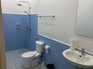 uma casa de banho azul com um WC e um lavatório em B@B Omaherma Home stay em Boras