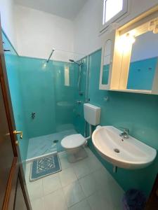 La salle de bains bleue est pourvue de toilettes et d'un lavabo. dans l'établissement Magi - Limone, à Ponza