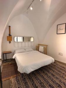 Amazing private loft apartment, Tel Aviv Jaffa في تل أبيب: غرفة نوم بسرير ابيض ومرآة