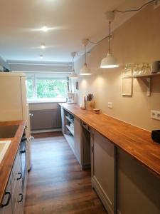 a large kitchen with a wooden counter top at Haus Sandstein Glück Biedermann in Bad Schandau