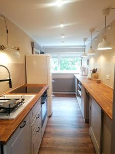 a kitchen with a white refrigerator and a wooden floor at Haus Sandstein Glück Biedermann in Bad Schandau