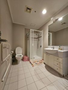 奧克蘭的住宿－Spacious Studio in Central AK w Gym&WiFi&Prime，带淋浴、卫生间和盥洗盆的浴室