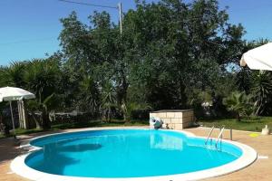 una gran piscina azul en un patio con árboles en Casa MeNi villetta con Piscina, en Scicli