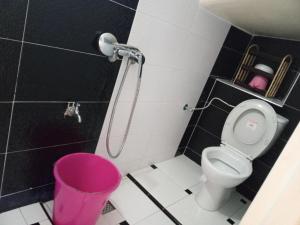 a bathroom with a toilet and a pink trash can at Villa in Oulad Akkou