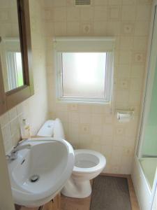 a bathroom with a sink and a toilet and a window at Sealands : Arronbrook:- 6 Berth, Access to the beach, Close to site entrance in Ingoldmells
