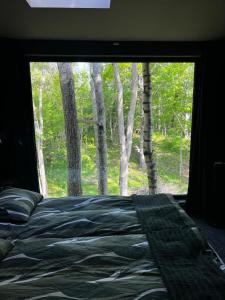 una camera da letto con finestra affacciata su una foresta di Vättervy Glamping- Ravinstuga a Habo