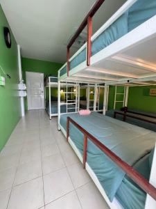 a room with two bunk beds and a hallway at Sabai Sabai Poshtel & Motorbike Rental in Koh Tao