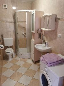 a bathroom with a shower toilet and a washing machine at Apartman Katarina in Seget Vranjica
