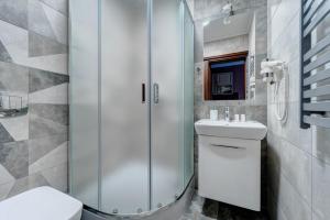 ein Bad mit einer Dusche, einem WC und einem Waschbecken in der Unterkunft Willa Sichelscy in Biały Dunajec