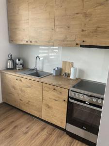a kitchen with wooden cabinets and a sink and a stove at Apartament w Centrum Malborka in Malbork