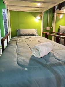 a bed in a room with a green wall at Sabai Sabai Poshtel & Motorbike Rental in Ko Tao +17 photos