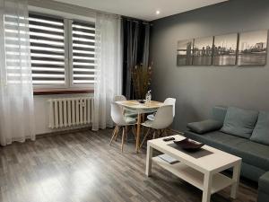 a living room with a couch and a table at Apartament Gospodarcza in Sosnowiec