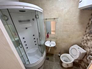 een badkamer met een toilet, een douche en een wastafel bij Bars Ap in Šušanj